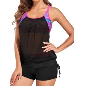 Holipick Purple Geometric Tankini Swimsuits for Women Mesh Two Piece